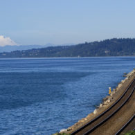 The Amtrak train runs along the shore of the Puget Sound from Edmonds to Bellingham