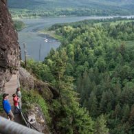 hiking up steep path, river in backgroiund