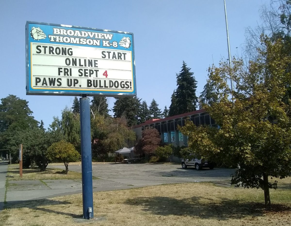 Remote learning: Readerboard and school lunch pickup site at Broadview-Thomson K-8