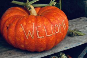 Pumpkin with the word "welcome" on it at Bailey Family Farm