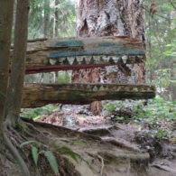 books: a sculpture of a crocodile by the trail in Schmitz Preserve Park