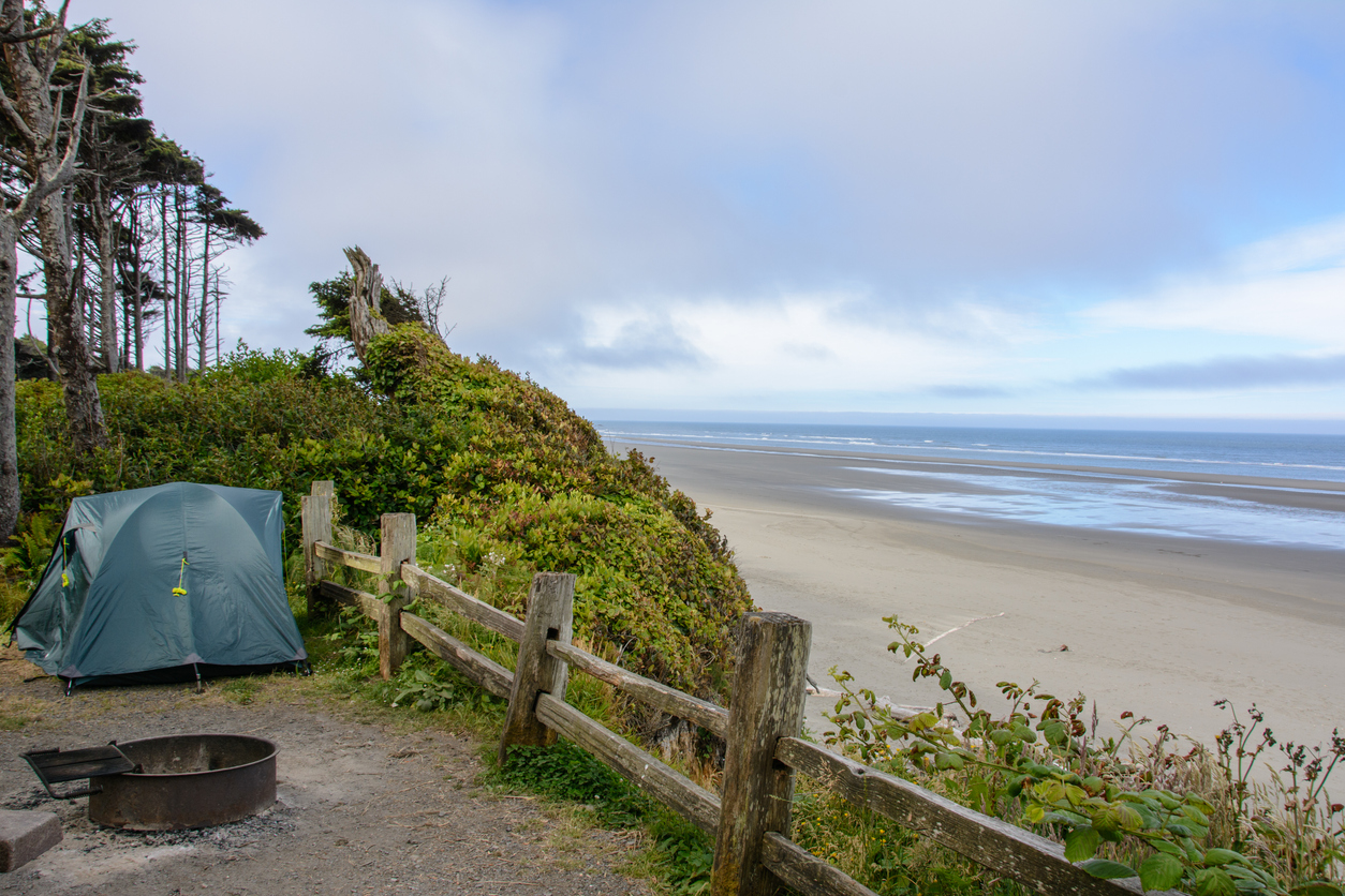 Campgrounds: tent in campsite overlooking the beach In Kalaloch Campground