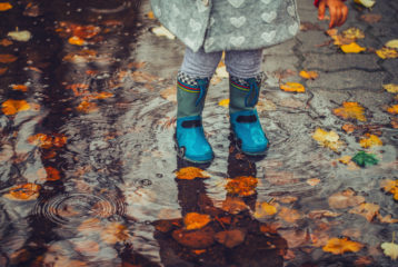 Thanksgiving break: small girl's feet in puddle with leaves