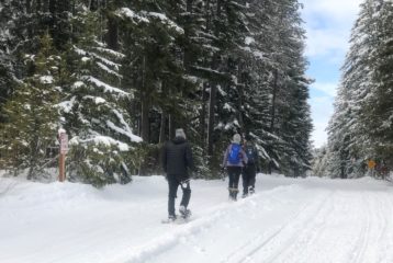 Guided snowshoe hike at Lake Easton State Park with families walking through snowy forest.