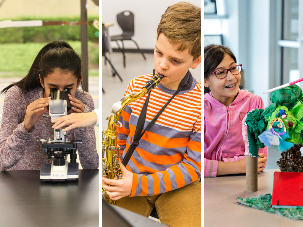 BASIS Independent Bellevue - Child looking through microscope, child playing instrument, child building art project
