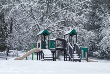 A snowy winter day at Beaver Lake Regional Park, located on southern Vancouver Island.