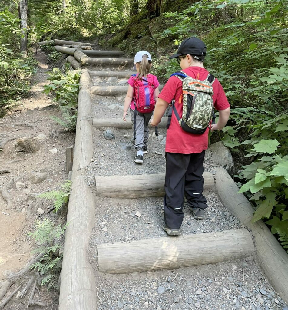 Not a stroller-friendly hike, this trail has many steps to climb to get to Franklin Falls.