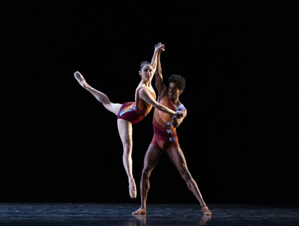 Pacific Northwest Ballet principal dancers Leta Biasucci and Jonathan Batista in the stage premiere of Edwaard Liang’s The Veil Between Worlds, which PNB is presenting on a triple-bill with new works by Annabelle Lopez Ochoa and Kiyon Ross, running June 2 – 11, 2023, as the culmination of its 50th Anniversary season. (Streaming digitally June 15 – 19.) Photo © Angela Sterling.