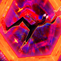 Spiderman falling down a colorful warped realm