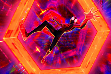 Spiderman falling down a colorful warped realm