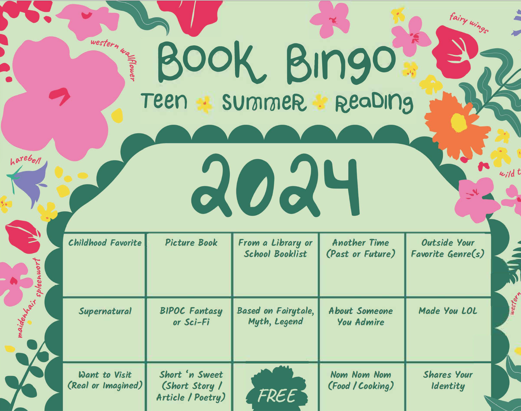 Book bingo card for teen
