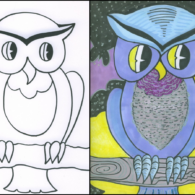 Side-by-side owl drawing showing black-and-white outline next to a colorful finished version of this kids’ fall art project.