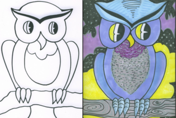 Side-by-side owl drawing showing black-and-white outline next to a colorful finished version of this kids’ fall art project.