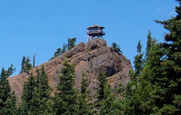 Red Top Lookout tower surrounded by golden larches in Washington.