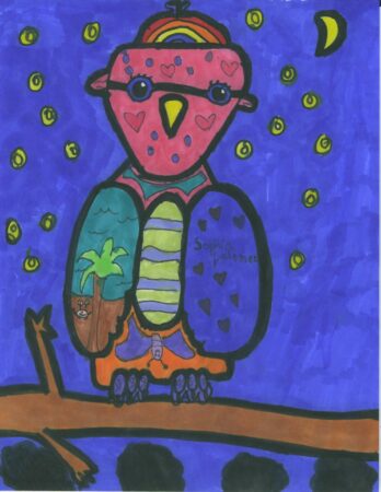 Kid’s owl drawing made with markers, a fun fall art project for kids