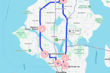 Google maps image of the greater Seattle area, with a route traced in the shape of a circle from Capitol Hill, up to Northgate, southwest to Ballard, and finishing back at Queen Anne. Pink donut graphics dot the path indicating the stops along the trail.