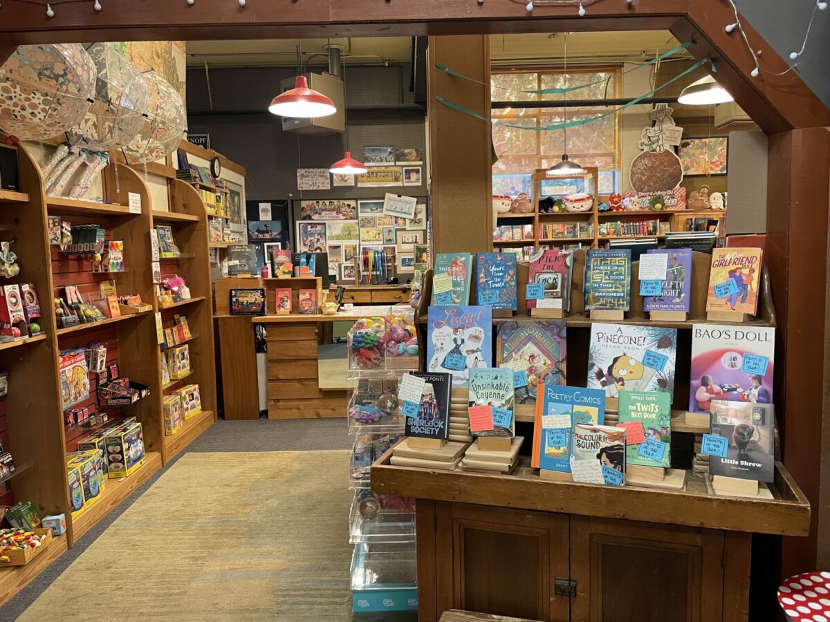 Interior of Island Books on Mercer Island, with bookshelves, cozy reading nooks, and colorful children’s book displays