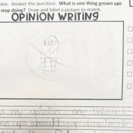 Children's homework assignment drawing of a phone, and words that say "I hate phones."