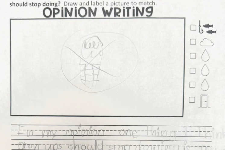 Children's homework assignment drawing of a phone, and words that say "I hate phones."