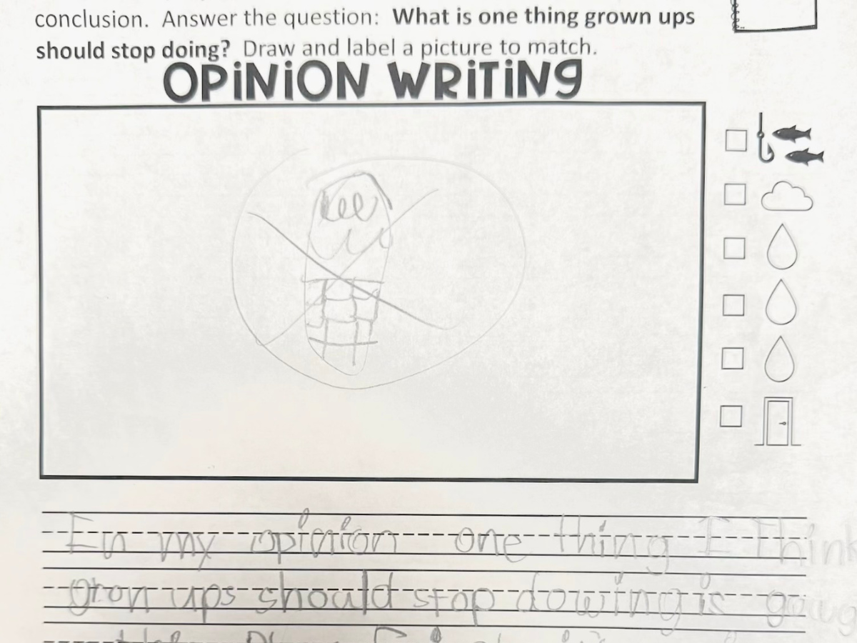 Children's homework assignment drawing of a phone, and words that say "I hate phones."