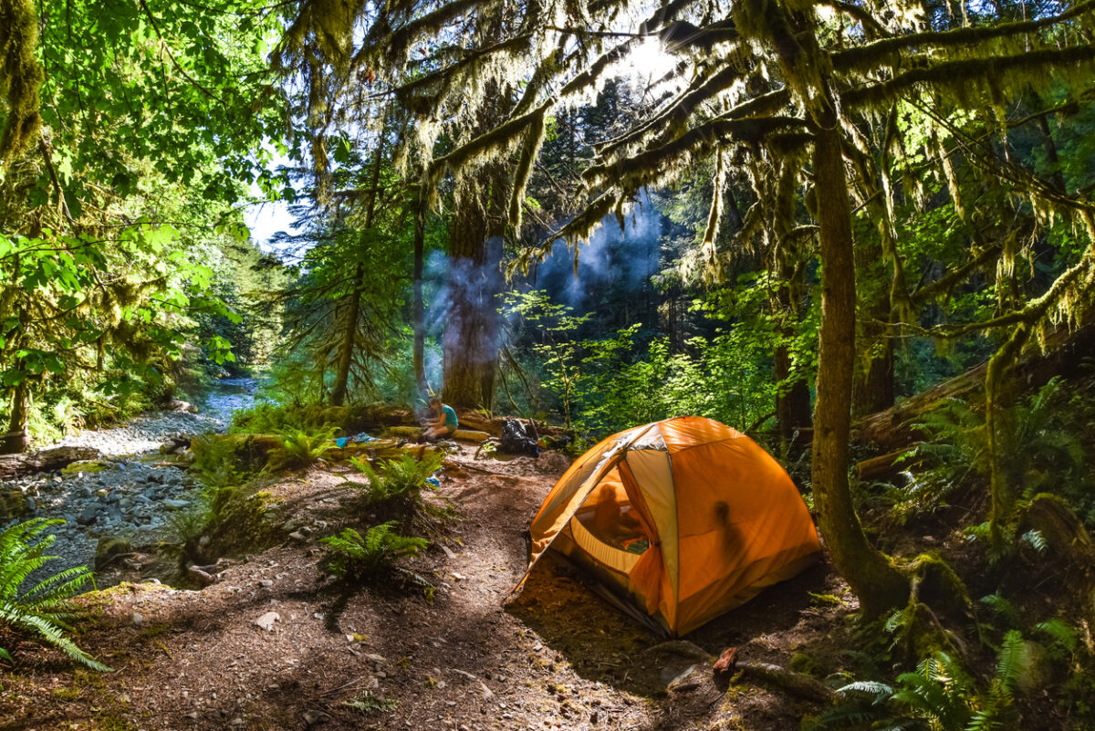 A woman cooks near the fire while two children play in the tent at a backcountry campsite near a stream. Siouxon Creek, Gifford Pinchot National Forest, Washington State.