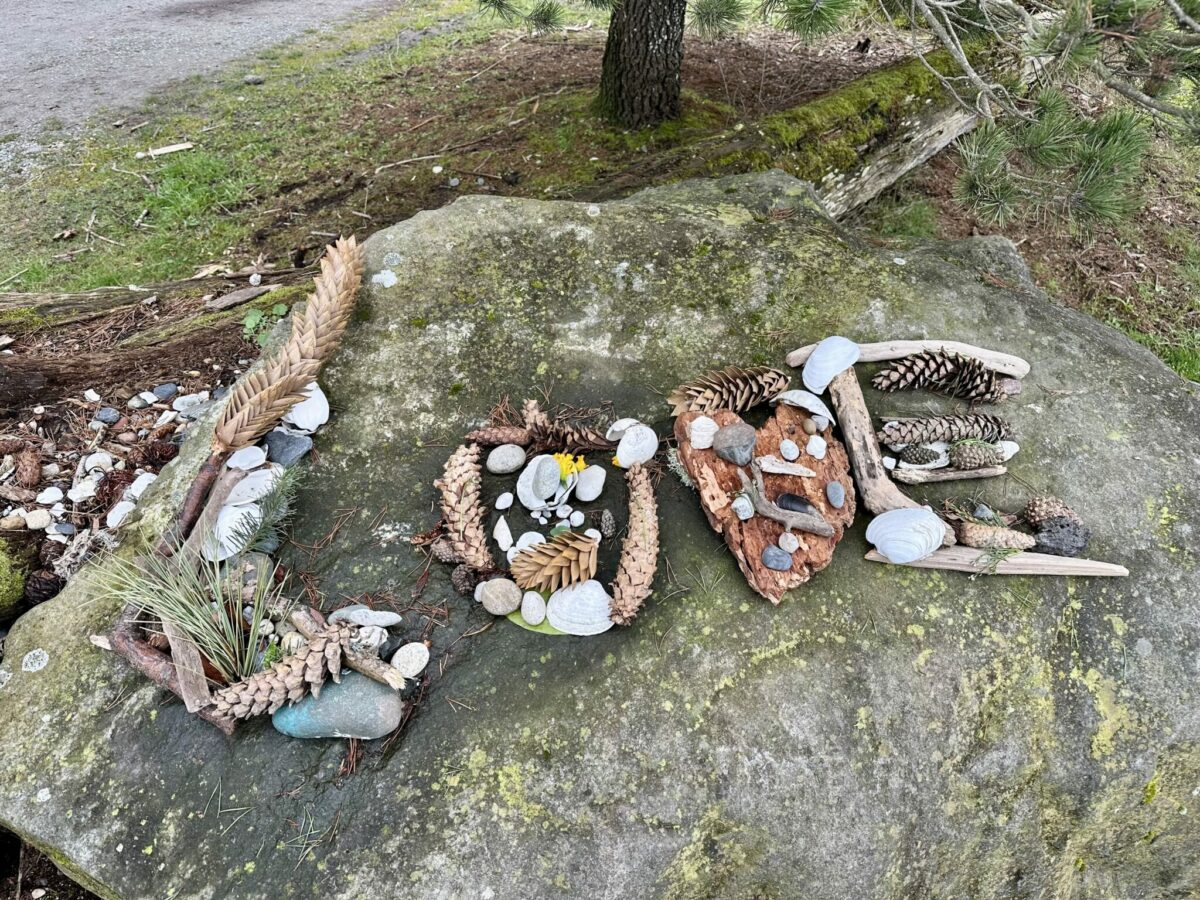 The word 'LOVE' spelled out with driftwood, rocks, kelp, flowers, crabshells, pinecones. Sitting on a large boulder in the park