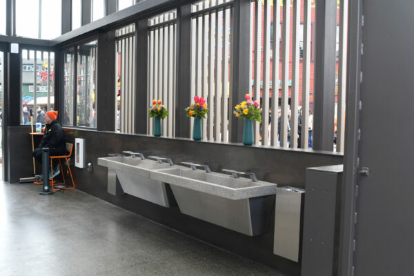 Seattle Waterfront public restrooms with flower bouquets