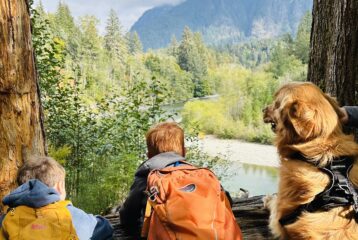 Two kids and dog look over a serene mountain river, with trees and mountaintops in the distance