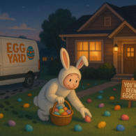 Easter bunny hiding eggs in a yard under the cover of darkness