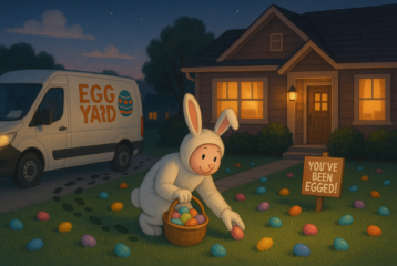 Easter bunny hiding eggs in a yard under the cover of darkness