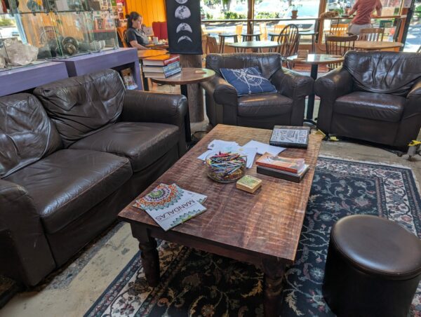 Children’s table with crayons, books, and drawing supplies at SoulFood CoffeeHouse in Redmond