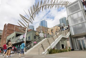 Stairs descending from downtown Seattle toward the waterfront, part of a kid-friendly Seattle art walk route.