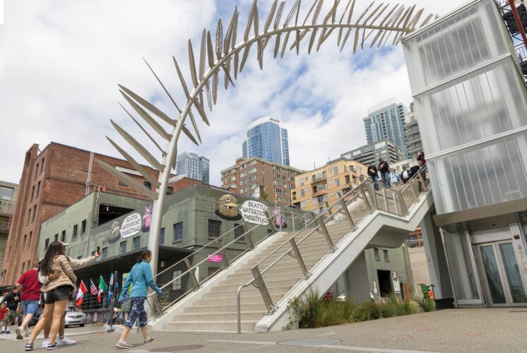 Stairs descending from downtown Seattle toward the waterfront, part of a kid-friendly Seattle art walk route.