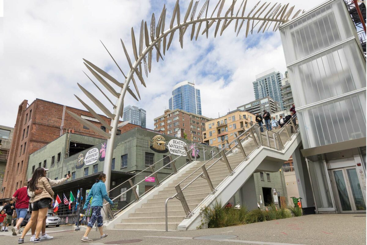 Stairs descending from downtown Seattle toward the waterfront, part of a kid-friendly Seattle art walk route.