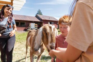 An adult feeds a goat at The Muddy Pug Farm & Sanctuary while a young child looks on with curiosity.