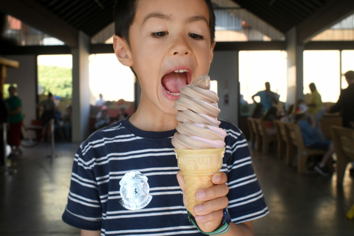 Kid eating a giant ice cream cone at the Washington State Fair