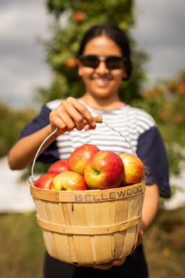 Girl holding up apples during U-Pick outing at Bellewood Acres