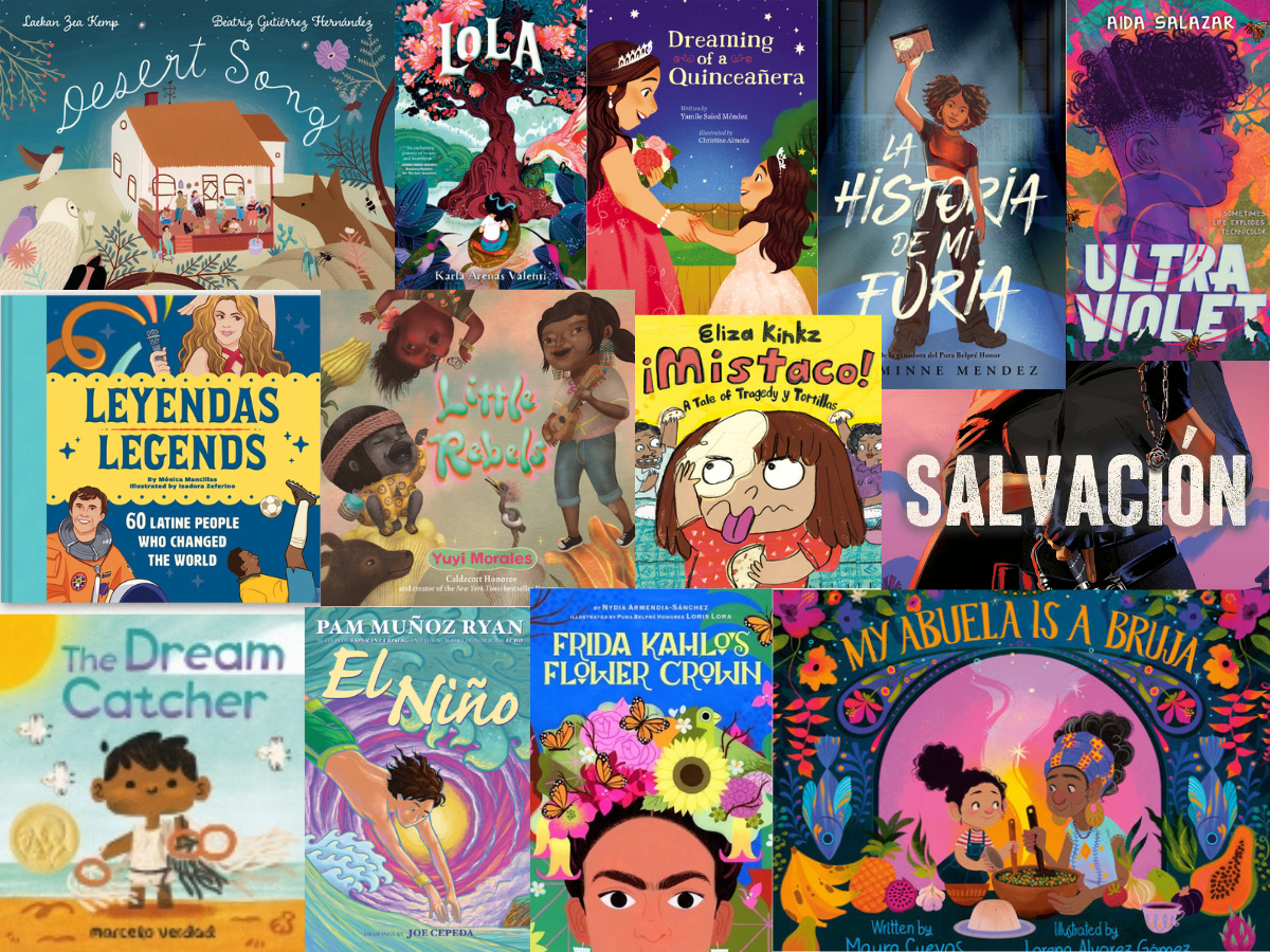 Collage of colorful Latine children’s book covers, featuring titles like Desert Song, Lola, ¡Mistaco!, Leyendas, My Abuela Is a Bruja, and more, celebrating Hispanic Heritage Month.