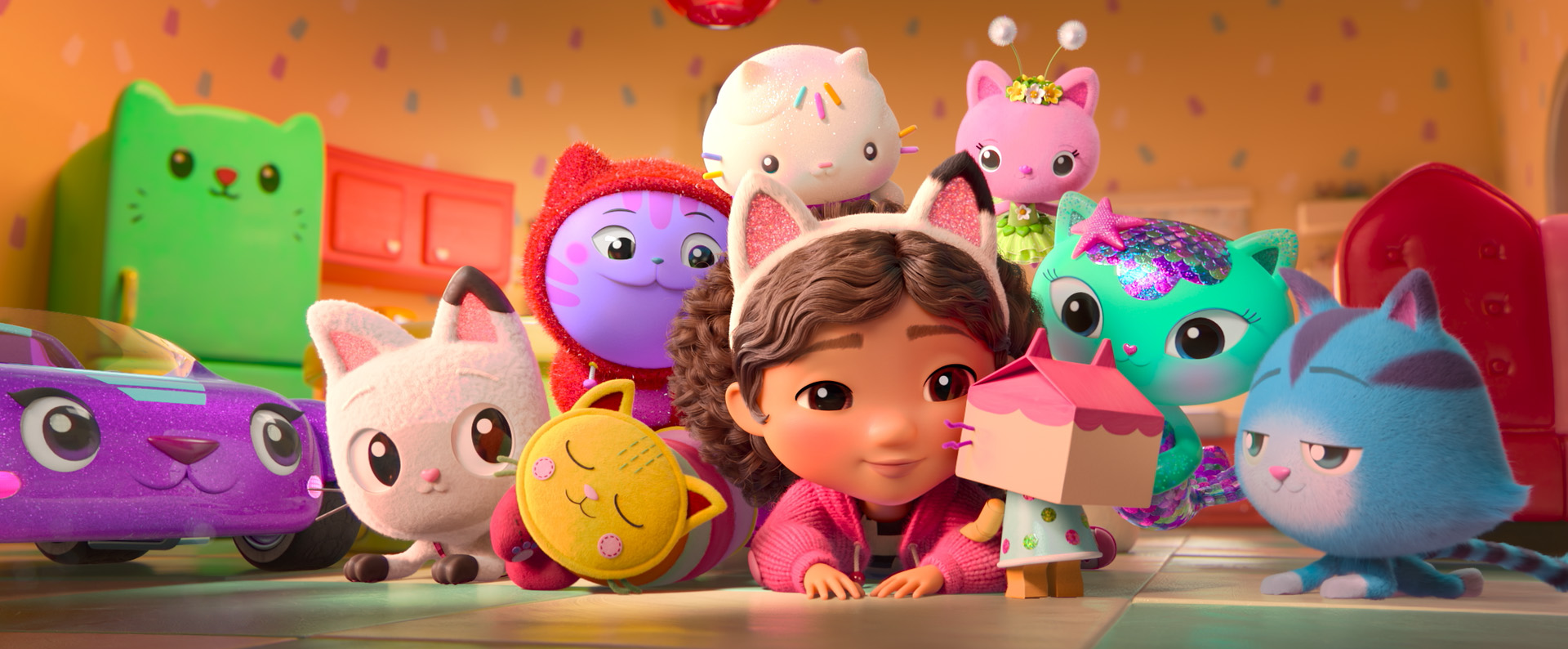 Gabby and the Gabby Cts smiling together in Gabby’s Dollhouse: The Movie.