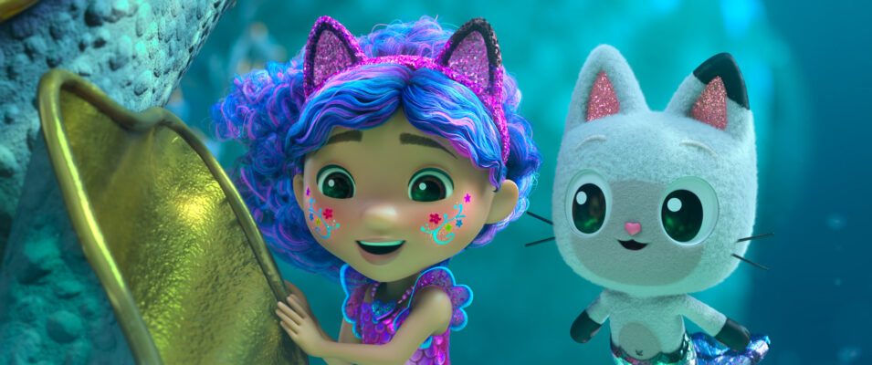 Gabby and Pandy Paws smiling together in Gabby’s Dollhouse: The Movie