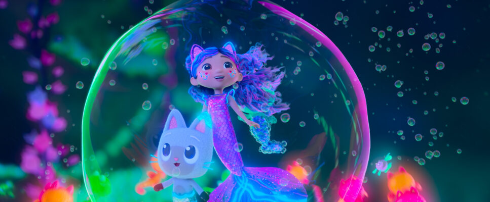 Gabby and Pandy Paws smiling together in Gabby’s Dollhouse: The Movie.