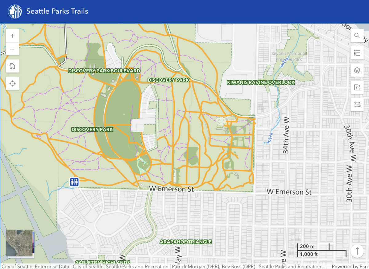 Screenshot of Seattle Parks’ new interactive trail map showing trails and amenities.