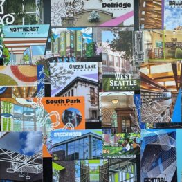 Colorful postcard inside the Seattle Public Library, with shelves of books in the background.