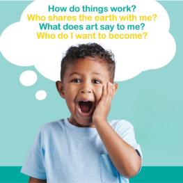 A young child wearing a light blue shirt stands in front of a turquoise background, mouth open in surprise, with a large white thought bubble overhead containing colorful text questions about curiosity and learning.
