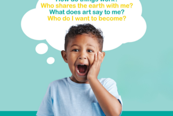 A young child wearing a light blue shirt stands in front of a turquoise background, mouth open in surprise, with a large white thought bubble overhead containing colorful text questions about curiosity and learning.