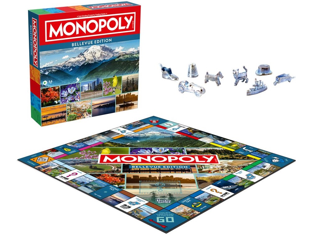 Monopoly: Bellevue Edition board game featuring Bellevue landmarks, parks, and local businesses.
