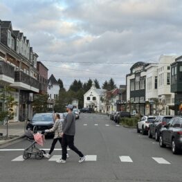 Seabrook’s town center on the Washington coast, showing pastel-colored shops, restaurants, and pedestrians walking along the main street on a sunny day.