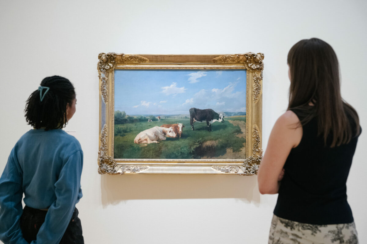 Visitors take a closer look at a vibrant cow painting inside Seattle Art Museum’s Farm to Table exhibit, a family-friendly exploration of how our food is grown and gathered.